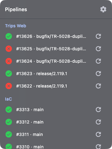 PipePeek popup in dark mode listing recent Bitbucket Pipeline runs for the Trips Web and IaC repositories, with green pass and red fail status icons.