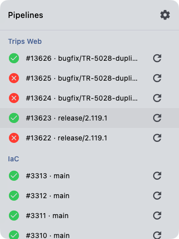 PipePeek popup in light mode listing recent Bitbucket Pipeline runs with build numbers, branch names and refresh buttons.