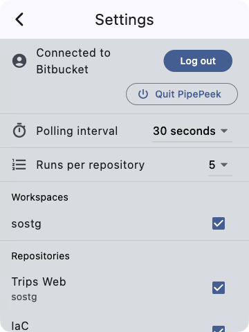 PipePeek settings screen showing the Bitbucket connection, a 30-second polling interval, 5 runs per repository, and checkboxes to select workspaces and repositories.